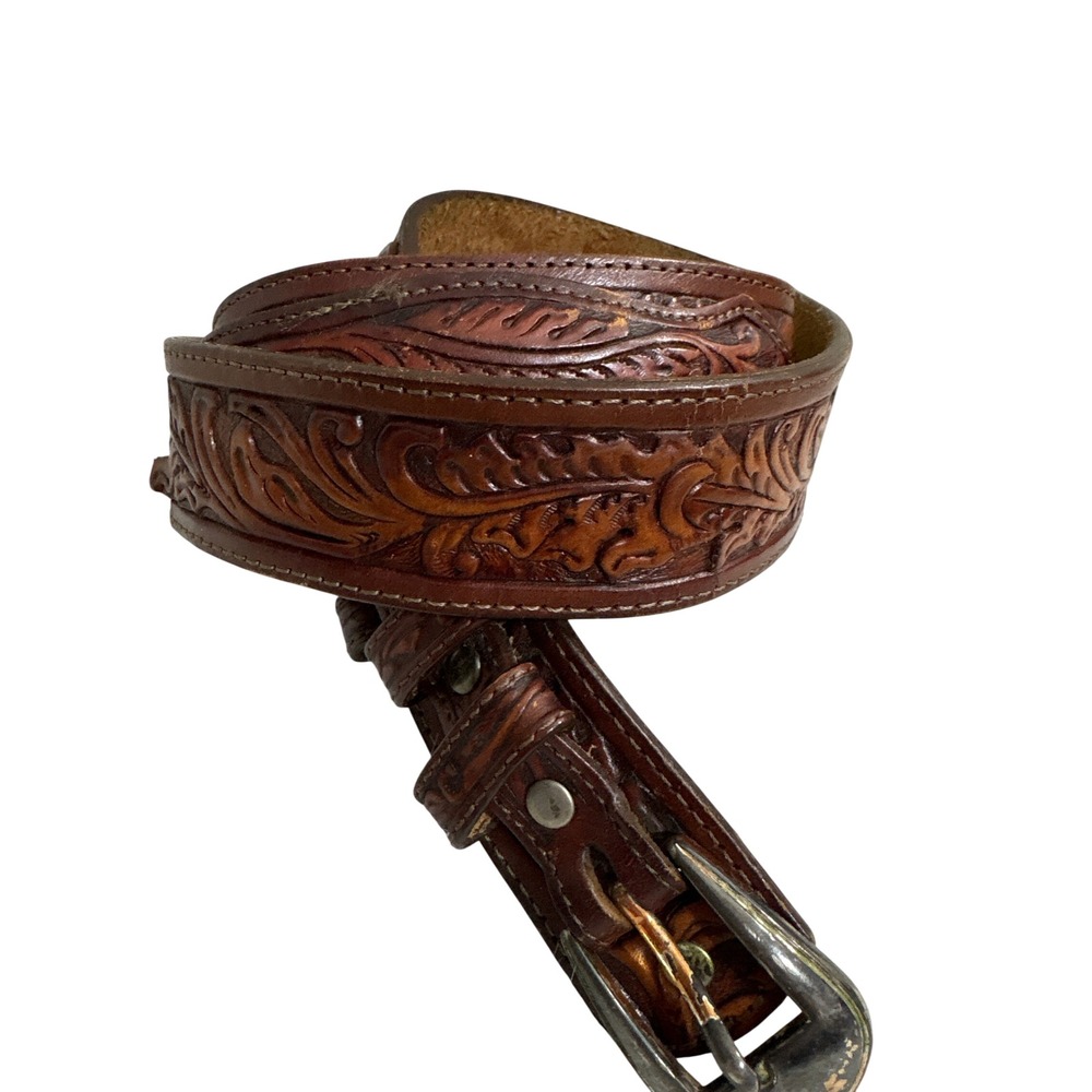 Leegin Mens Brown Floral Hand Tooled Leather Western Belt Silver Buckle USA 36